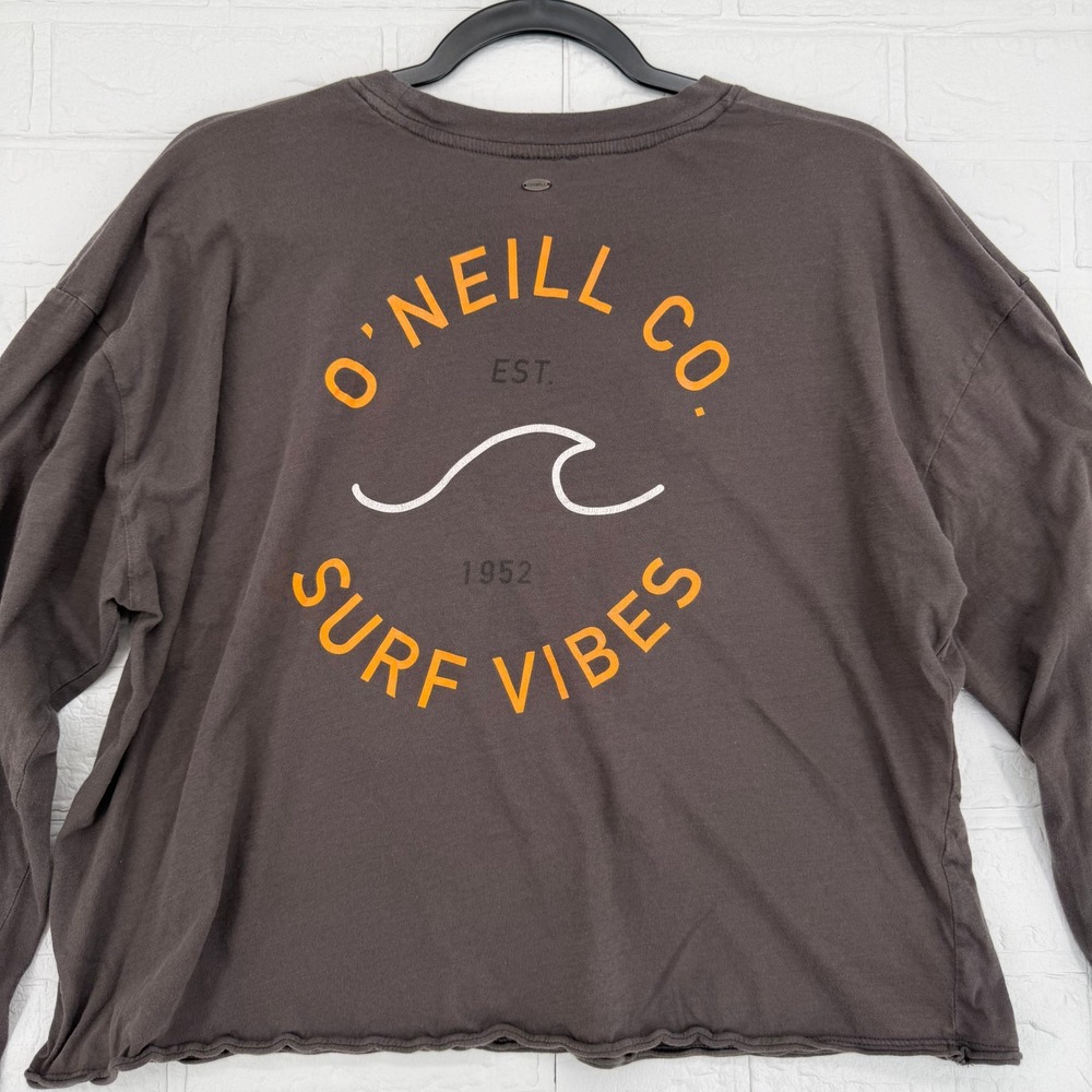 O'Neill Charcoal Gray Cropped Long Sleeve Wave Graphic Tee Surf Aesthetic M